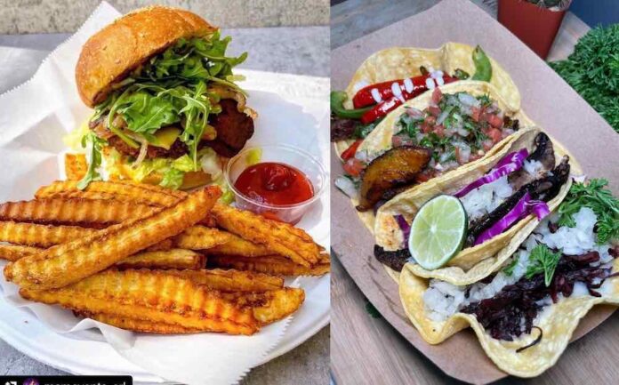 Vegan food burger fries tacos