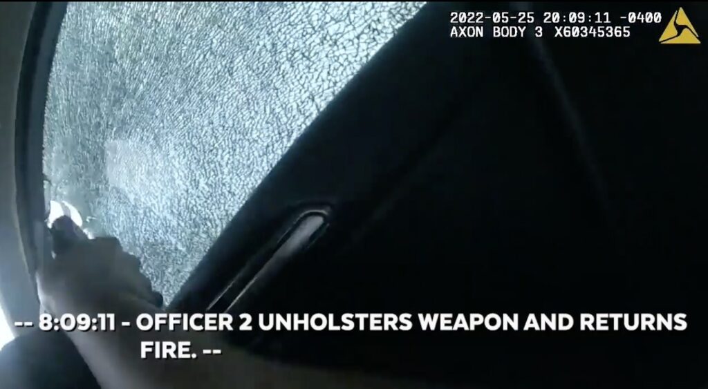 Orlando Police Department officer returns fire at Bullock during shootout on Jim Glenn Drive on May 25