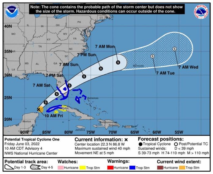 Potential Tropical Cyclone One Forecast Cone for Storm Center