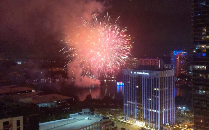 Fireworks display over Lake Eola on Fourth of July 2021