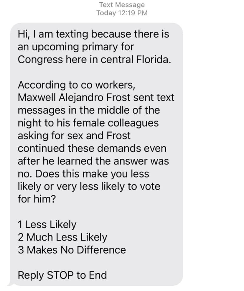 Text message sent to registered voters regarding Maxwell Alejandro Frost