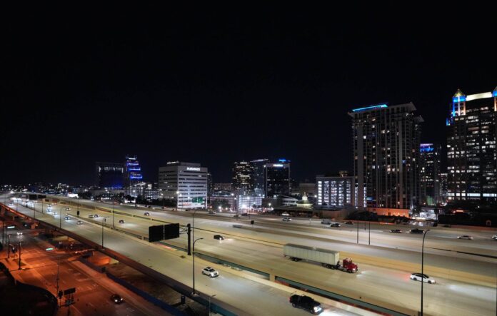 Downtown Orlando at night as seen across Interstate 4