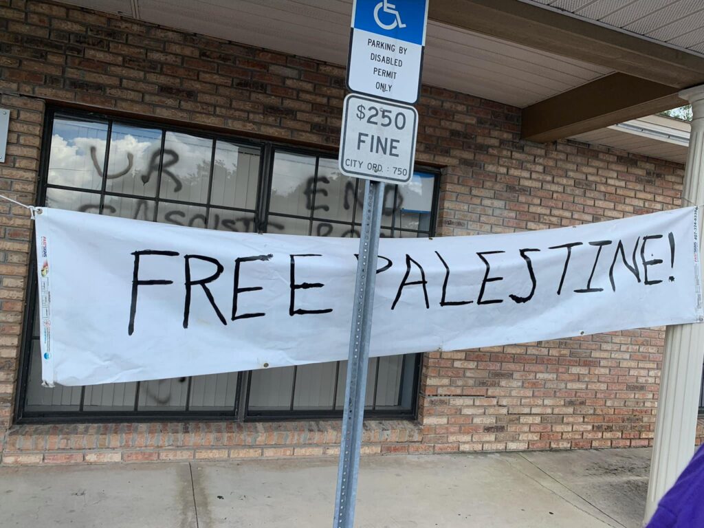 Free Palestine sign at Seminole County Democratic Party headquarters