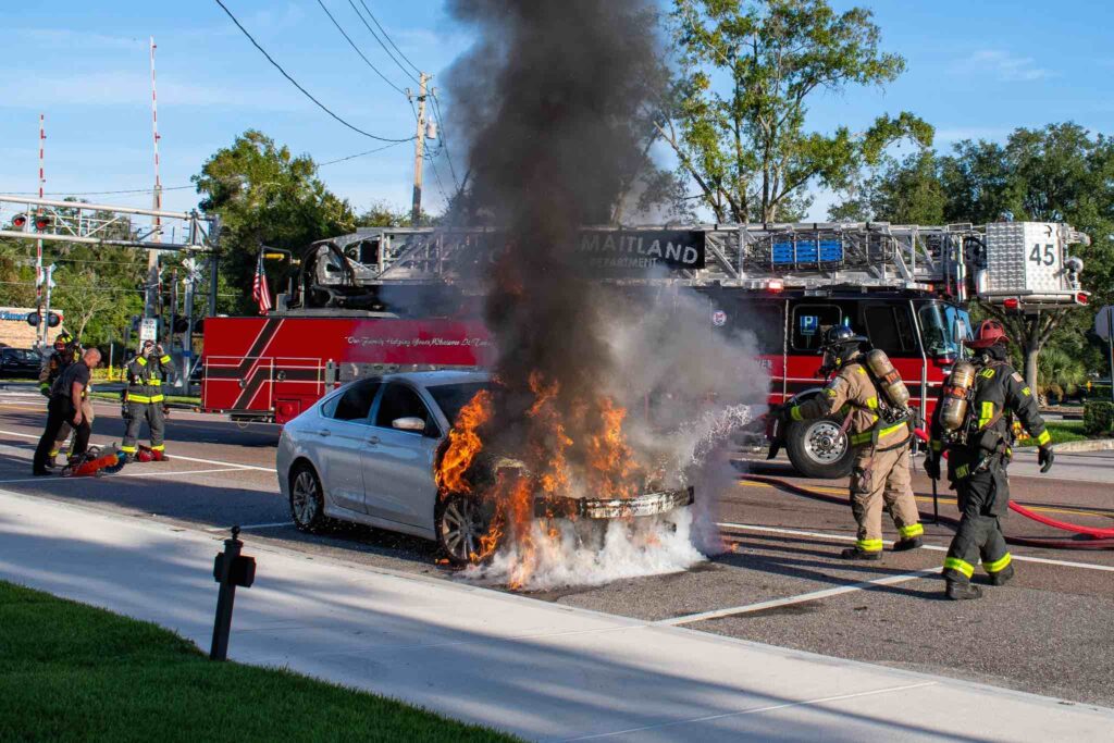 Maitland Fire Rescue Department crews work to extinguish a vehicle fire on Thursday morning