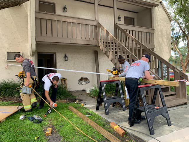 Seminole County Fire Department firefighters shore up building hit by car in Casselberry