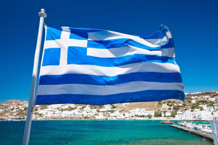 Greek flag with Greece backdrop