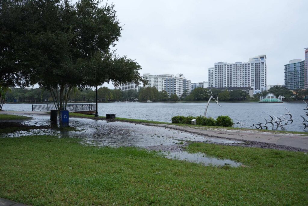 Minor flooding and debris at Lake Eola Park in downtown Orlando