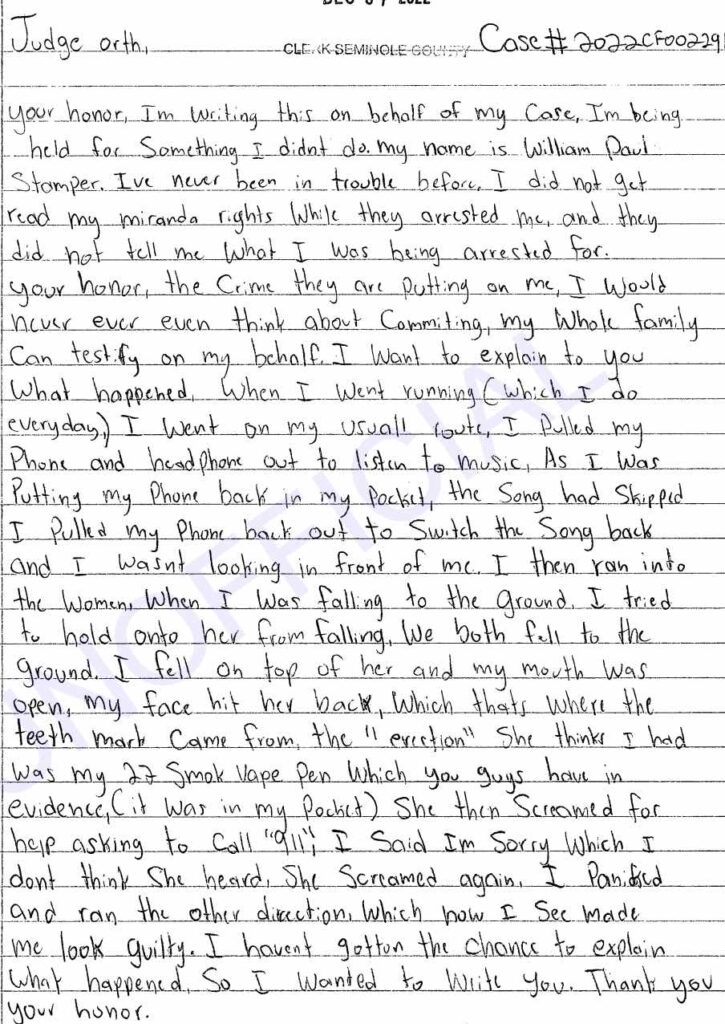 First letter from William Paul Stamper to judge