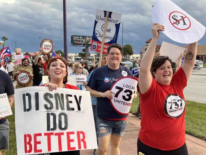 Services Trades Council Union protesting proposed 1 an hour raise by Disney