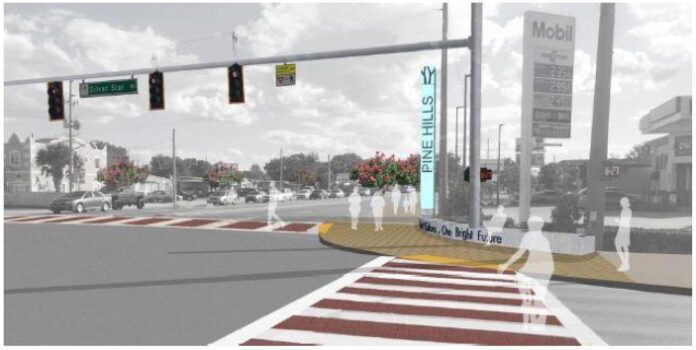 Rendering of pedestrian safety improvements on Pine Hills Road
