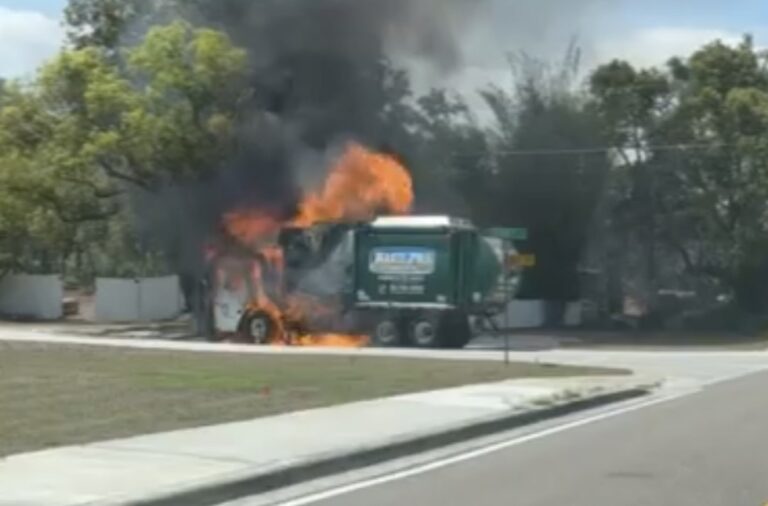 Garbage truck catches fire in Longwood