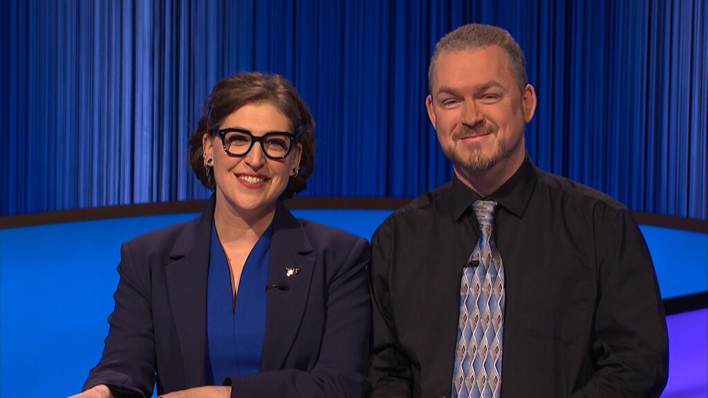 Ed Petersen with Mayim Bialik on Jeopardy