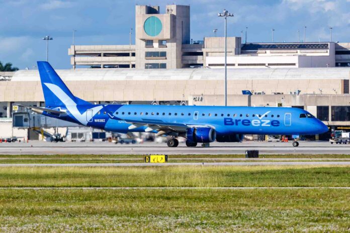Breeze Airways Embraer 195 airplane at Palm Beach airport in the United States