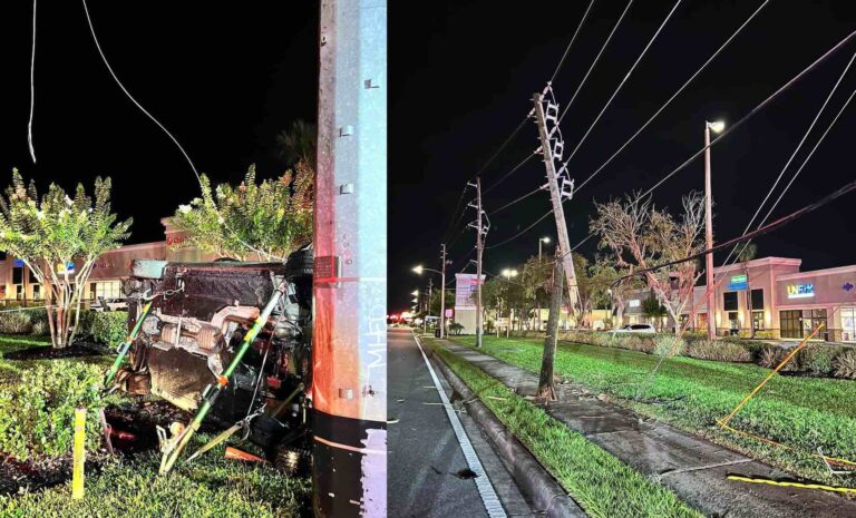 Car crashes into power pole and power lines along Lee Road