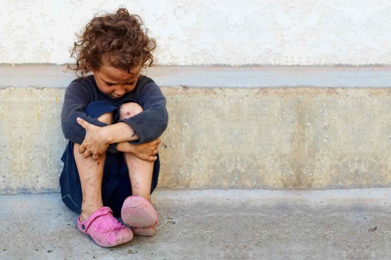Homeless student child girl sitting on ground