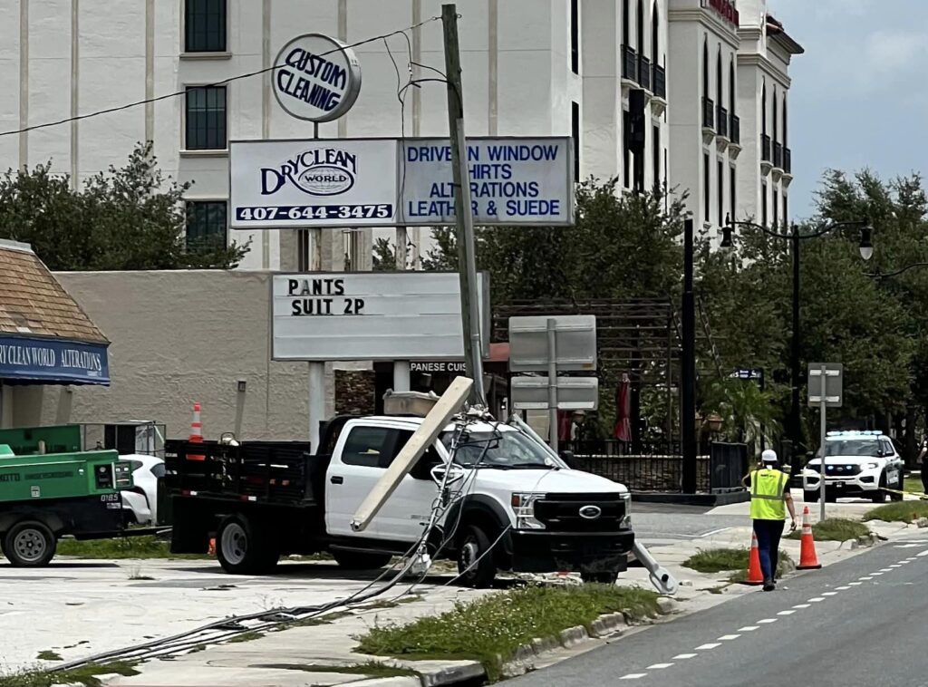 Power pole on top of pickup truck on Lee Road on July 10