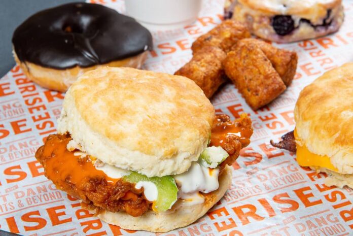Chicken sandwich and biscuit and donuts at Rise Southern Biscuits and Righteous Chicken