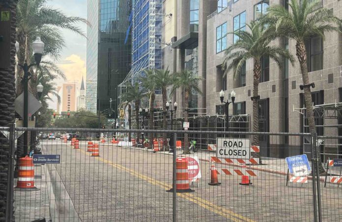 Road closure on Church Street in downtown Orlando