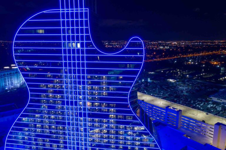 Seminole Hard Rock Hotel and Casino guitar lit at night