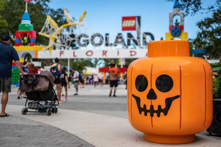 Winter Haven, Florida, USA 10.2022 Selective focus on Halloween decorations outside the main entrance to Legoland