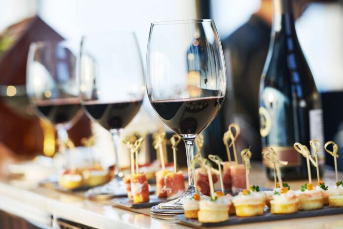 Wine glasses and fine dining gourmet food