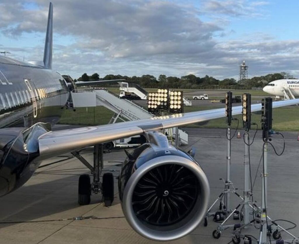 Film lights shining on aircraft