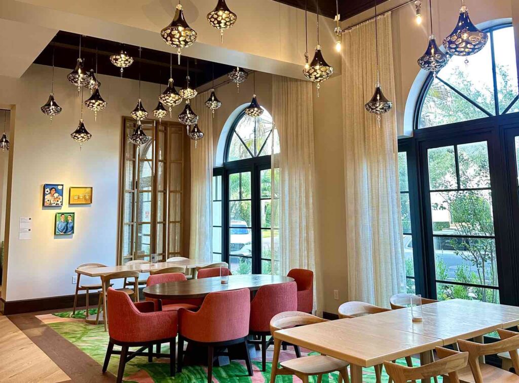 Lighting and seating at The Alfond Inn Cafe