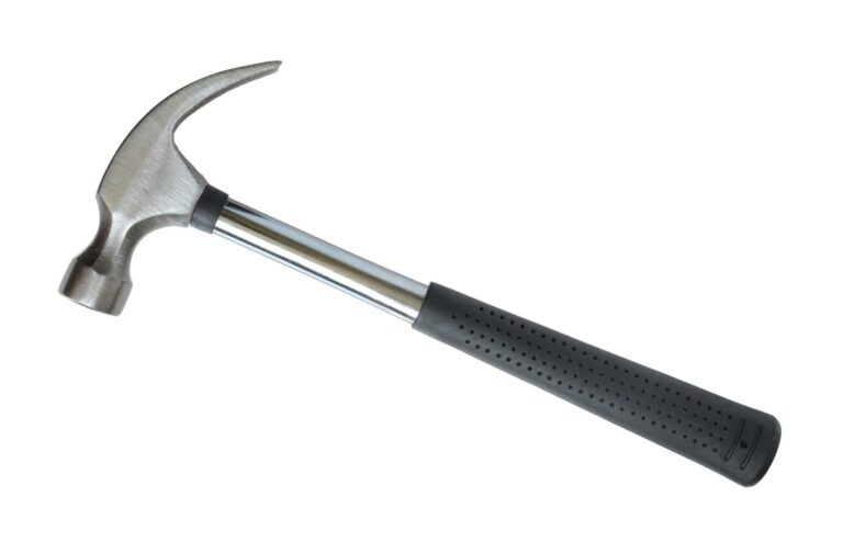 Steel hammer with black handle on white background