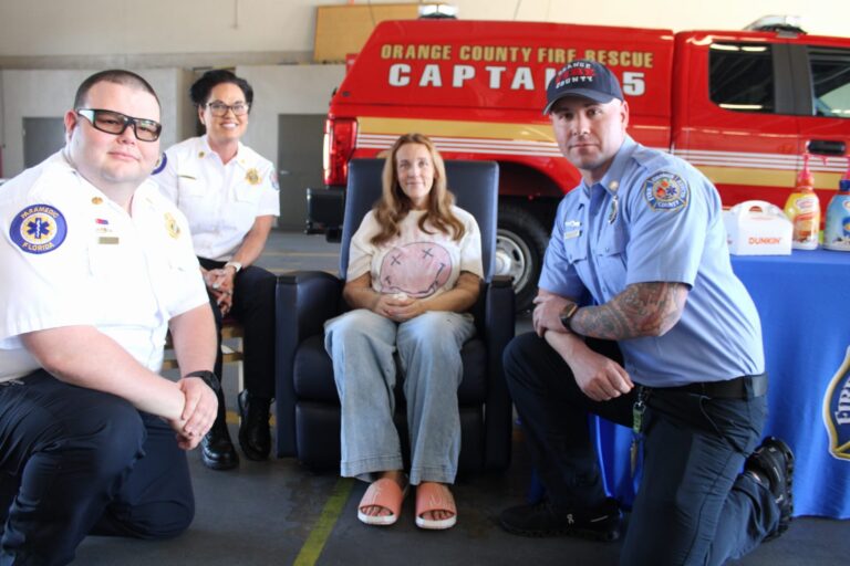 Lori McMinn (third from left) recently reuinted with the OCFR first responders that saved her life. (Photo by Orange County Fire Rescue)