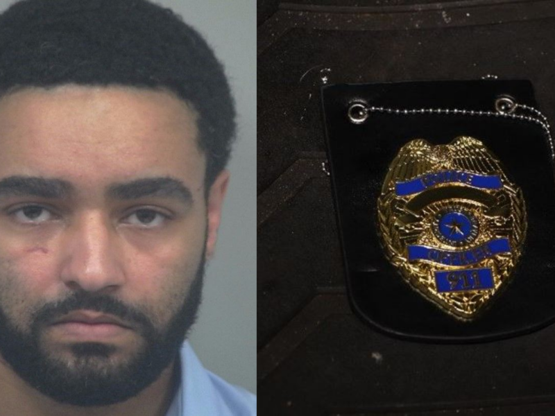 Michael Darren Jesse Rodriguez, 27, and the fake police badge that was allegedly in his possession. (Photos: Orlando Police Department)