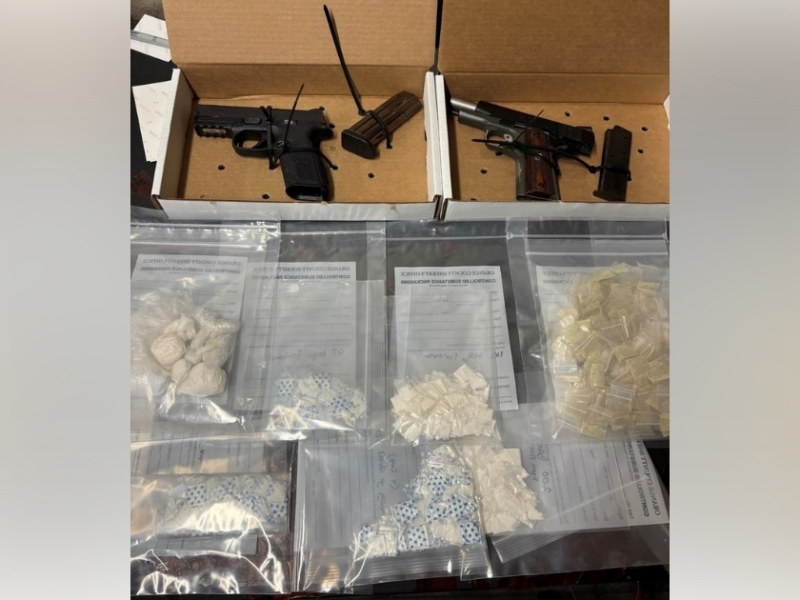 Trafficking amounts of fentanyl, heroin, and cocaine, along with two firearms, were allegedly found in a vehicle during a traffic stop in Orlando on September 21, 2025. (Photo: Orange County Sheriff's Office)