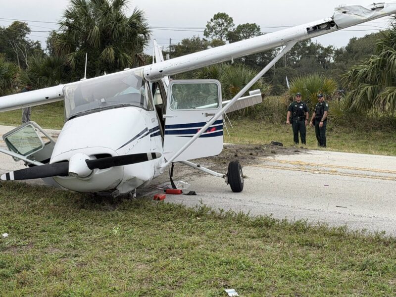 A single-engine Cessna aircraft crash-landed on a Volusia County road on December 8, 2025. (Photo: Volusia County Sheriff's Office)