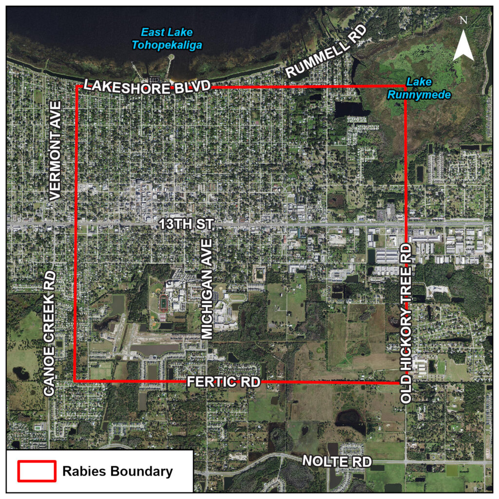 According to the Florida Department of Health in Osceola County, the 60-day rabies alert is in effect for the area shown above.