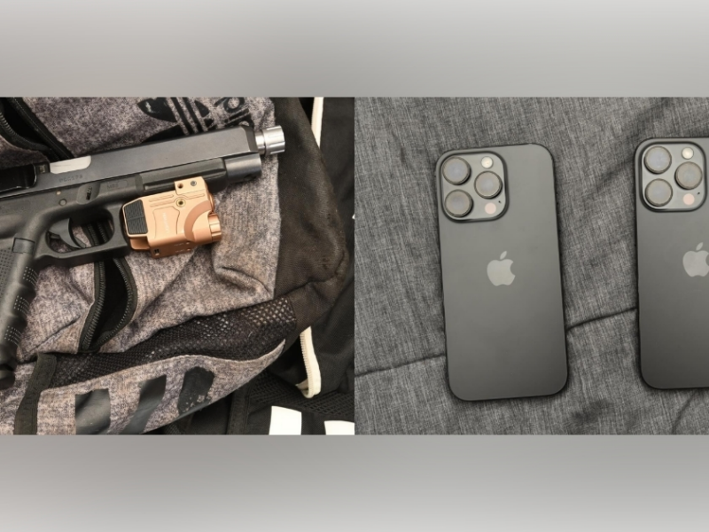 According to Orlando police, a 17-year-old boy was reportedly in possession of a stolen firearm (left) when he stole several cellphones (right) from a seller he met online. (Photos: Orlando Police Department)