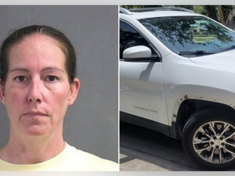 At the time of her arrest, Leandra Marie Williams (left) was driving this white Jeep Cherokee, which reportedly had damage consistent with a March 2026 hit-and-run crash.