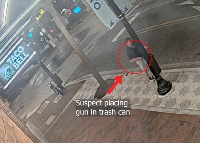 The suspect, Justice S. Fletcher, allegedly stashing the stolen firearm in a trash receptacle shortly before the accidental shooting occurred. (Photo: Orlando Police Department)